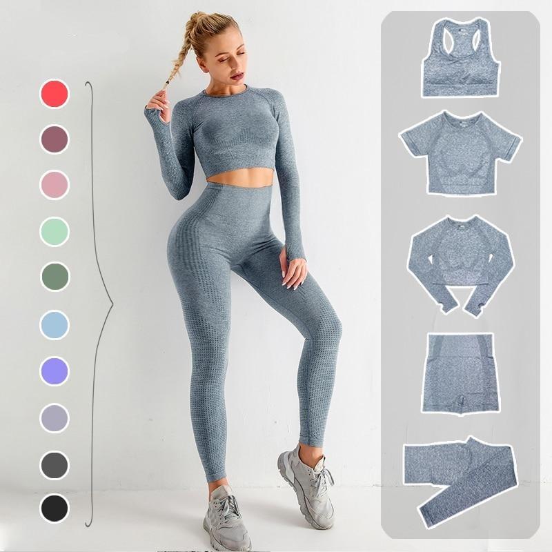 5-delige Sport Set | Dames tops en sportleggings met hoge taille in de kleur Wijnrood voor dames in stijl geschikt voor alle seizoenen.