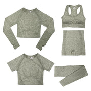 5-delige Sport Set | Dames tops en sportleggings met hoge taille in de kleur Legergroen voor dames in stijl geschikt voor alle seizoenen.