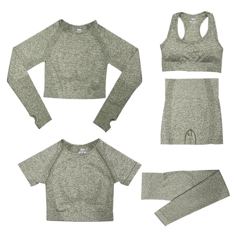 5-delige Sport Set | Dames tops en sportleggings met hoge taille in de kleur Legergroen voor dames in stijl geschikt voor alle seizoenen.