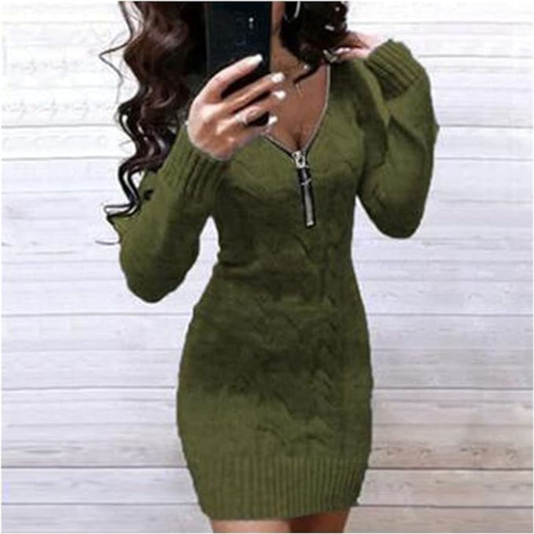 Alba | Geribde tuniekjurk in de kleur Groen voor dames in stijl ideaal voor de herfst.