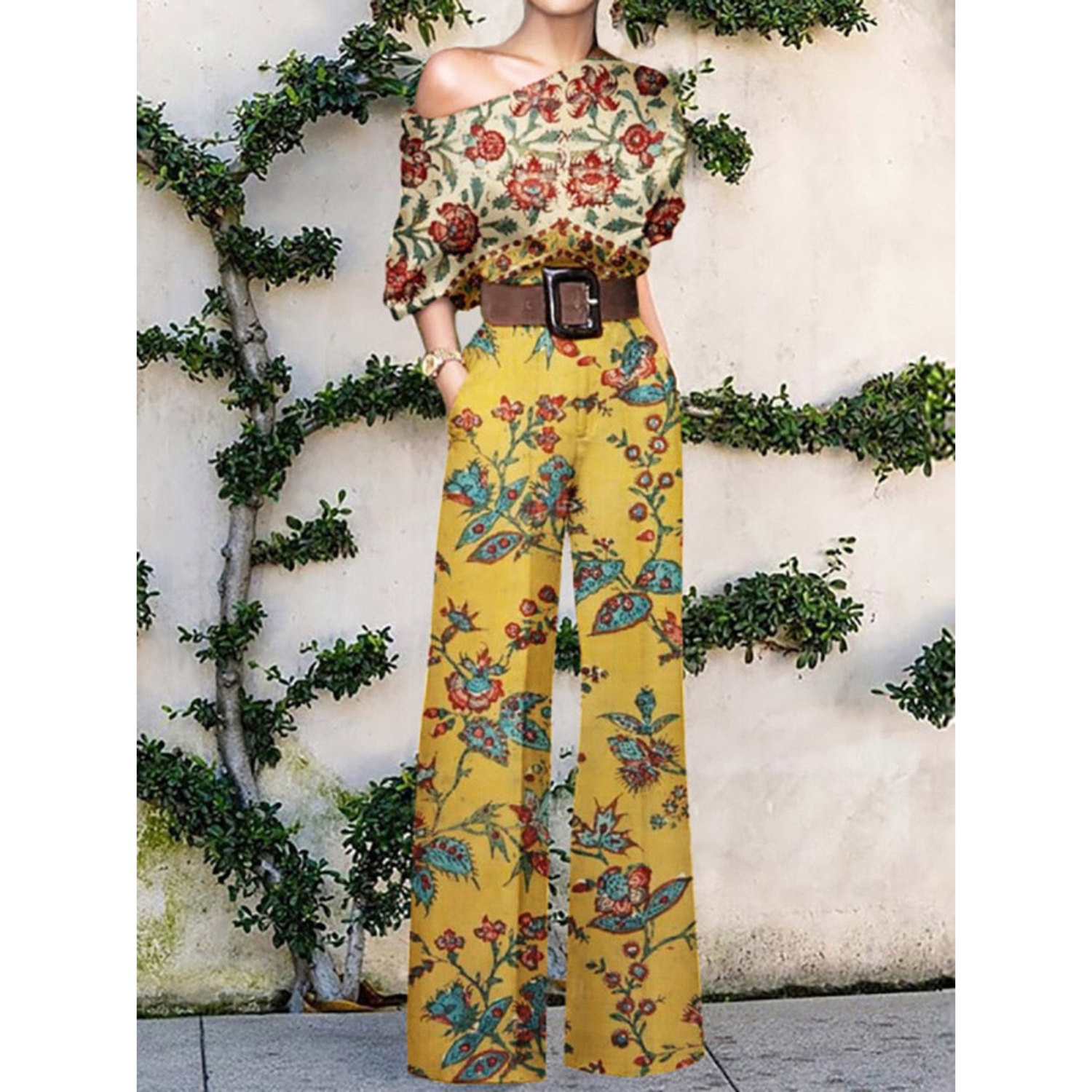 Anna | Off-shoulder jumpsuit met bloemenprint in de kleur Geel voor dames in Party stijl ideaal voor de zomer.