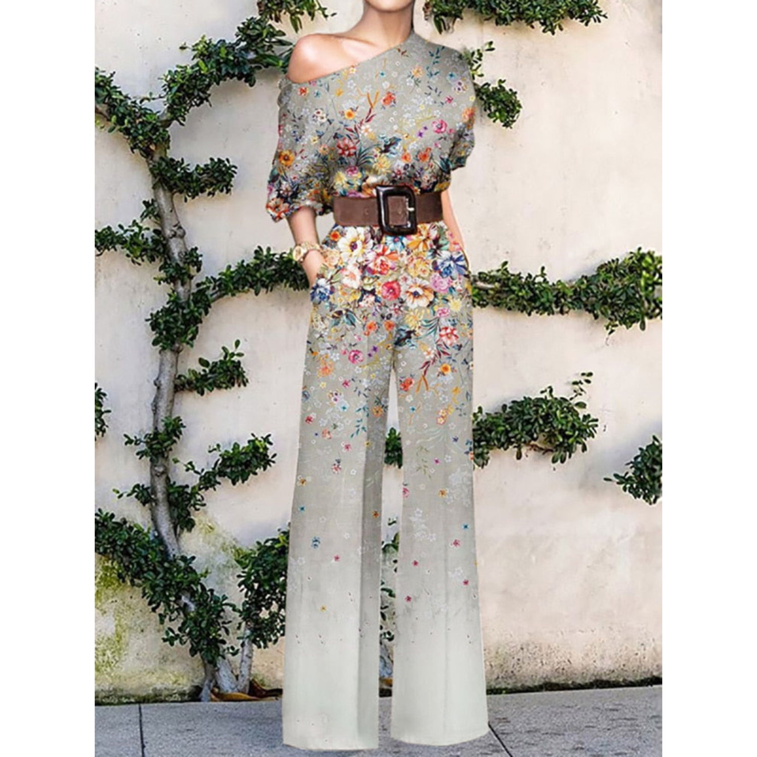 Anna | Off-shoulder jumpsuit met bloemenprint in de kleur Zilver voor dames in Party stijl ideaal voor de zomer.