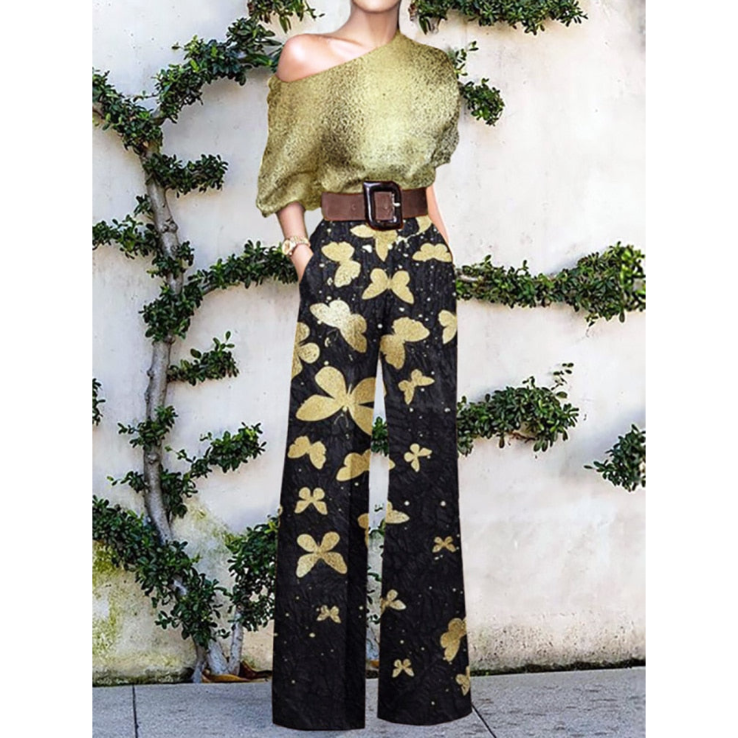 Anna | Off-shoulder jumpsuit met bloemenprint in de kleur Zwart/Goud voor dames in Party stijl ideaal voor de zomer.