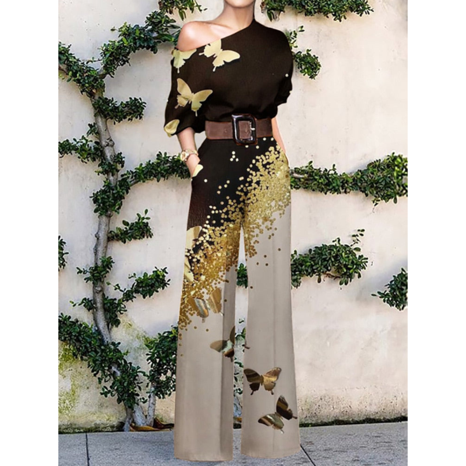 Anna | Off-shoulder jumpsuit met bloemenprint in de kleur Zwart/Grijs voor dames in Party stijl ideaal voor de zomer.