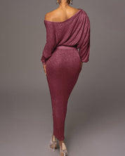 Anouk | Elegante off-shoulder avondjurk in de kleur Zilver voor dames in Party stijl ideaal voor de herfst.