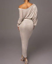 Anouk | Elegante off-shoulder avondjurk in de kleur Zilver voor dames in Party stijl ideaal voor de herfst.