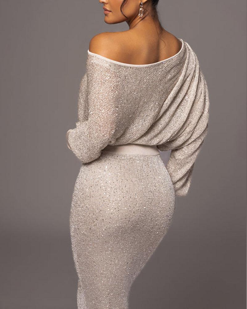 Anouk | Elegante off-shoulder avondjurk in de kleur Zilver voor dames in Party stijl ideaal voor de herfst.