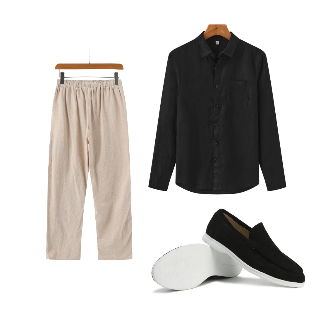 Antoon | Stijlvolle Ibiza outfit van linnen met loafers in de kleur Beige/Marineblauw voor heren in Beach stijl ideaal voor de zomer.