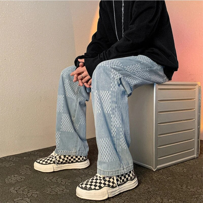 Arjen | Geruite Baggy Denim Broek voor Mannen in de kleur Lichtblauw voor heren in Heritage stijl geschikt voor alle seizoenen.