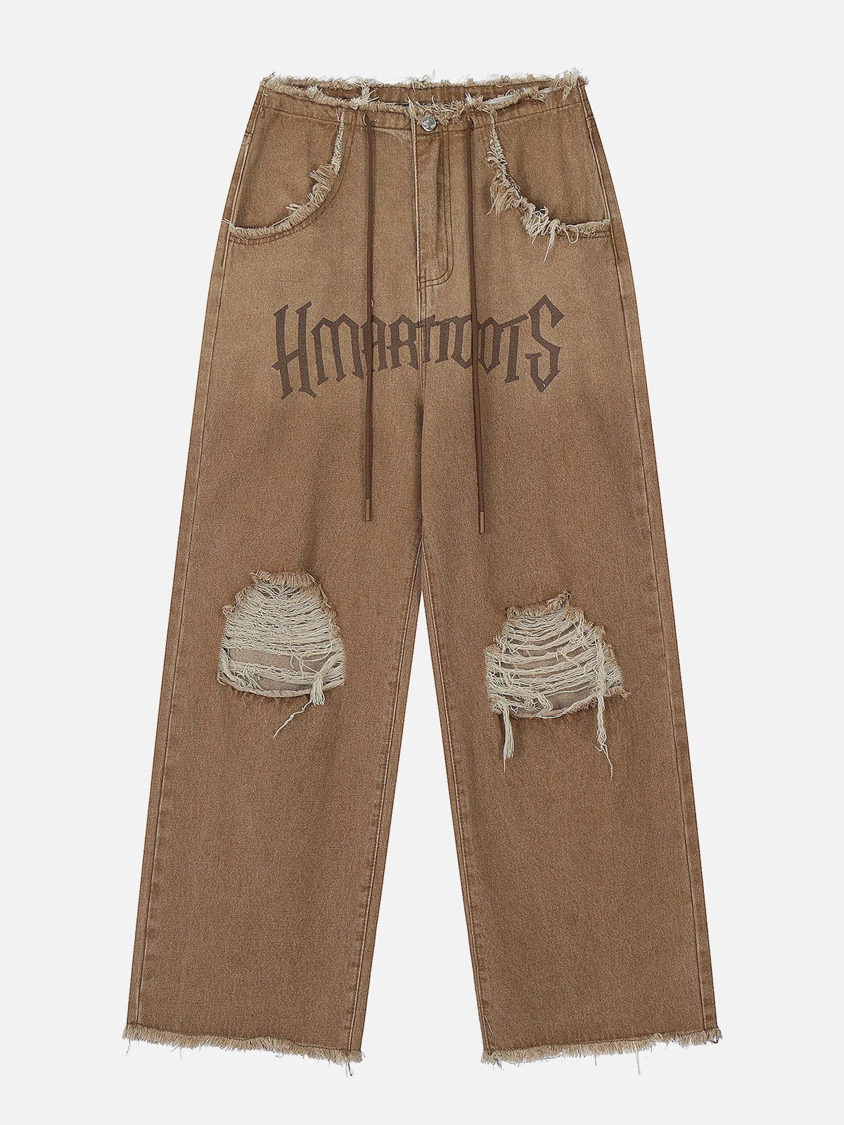 Beatrice | Losvallende jeans met franje en letters in de kleur Koffie voor dames in stijl ideaal voor de herfst.