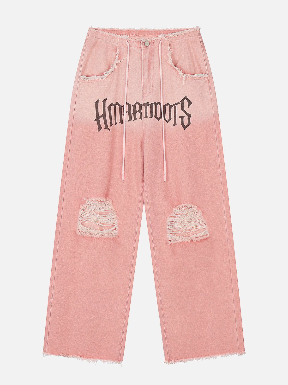 Beatrice | Losvallende jeans met franje en letters in de kleur Roze voor dames in stijl ideaal voor de herfst.