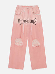 Beatrice | Losvallende jeans met franje en letters in de kleur Roze voor dames in stijl ideaal voor de herfst.