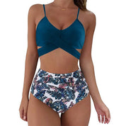 Belle | Hoge taille, kleurrijke damesbikini in de kleur Blauw - Bloemen voor dames in stijl ideaal voor de zomer.