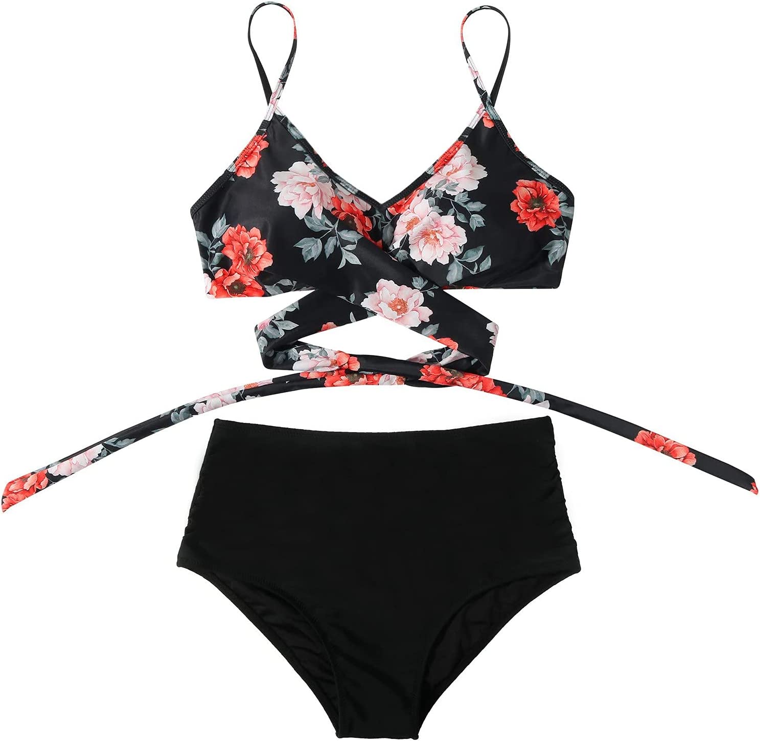 Belle | Hoge taille, kleurrijke damesbikini in de kleur Zwarte top - Bloemen slip voor dames in stijl ideaal voor de zomer.