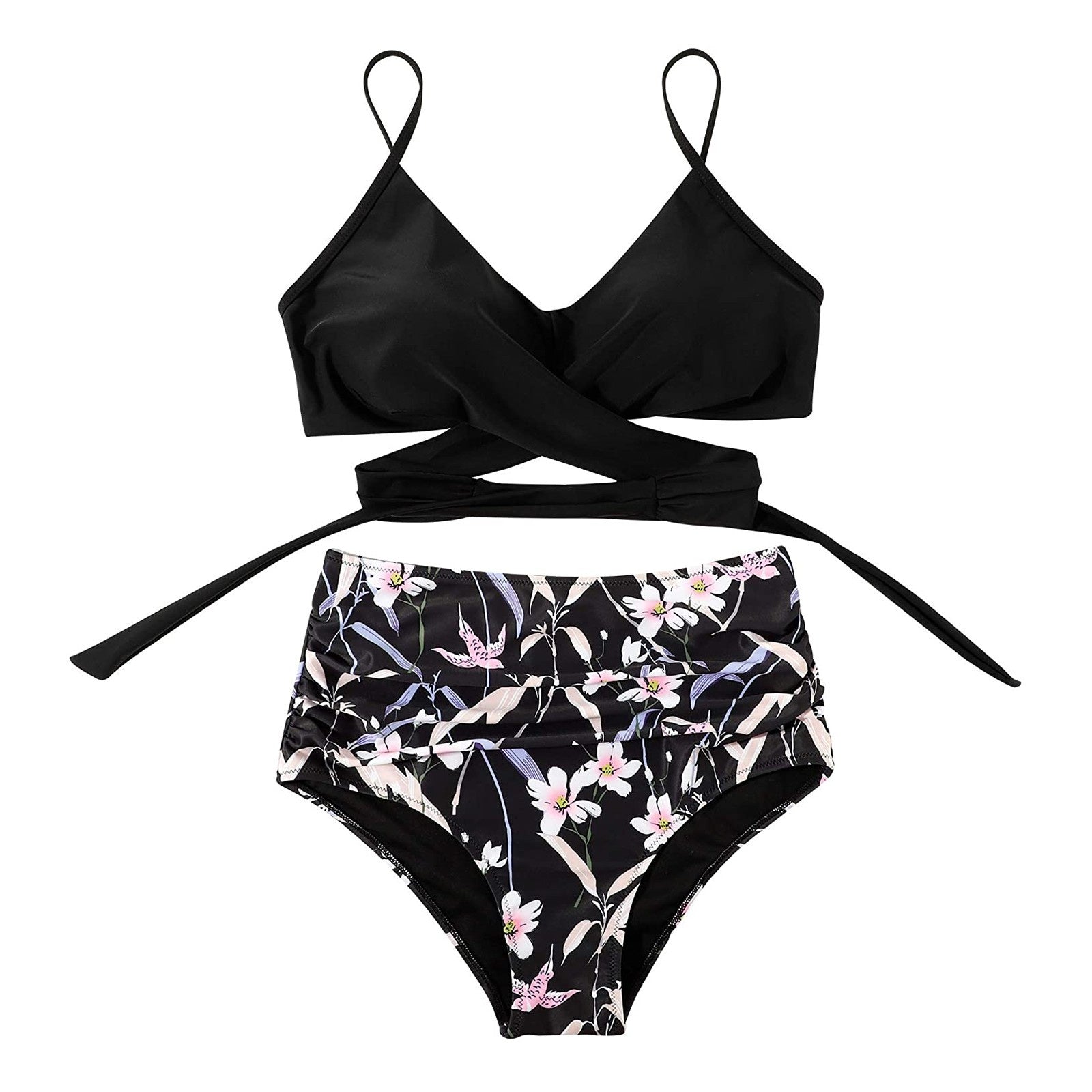 Belle | Hoge taille, kleurrijke damesbikini in de kleur Zwarte top - Bloemen slip voor dames in stijl ideaal voor de zomer.