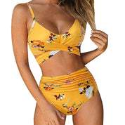 Belle | Hoge taille, kleurrijke damesbikini in de kleur Geel - Bloemen voor dames in stijl ideaal voor de zomer.