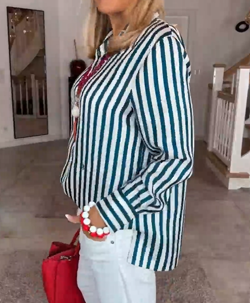 Blouse met horizontale strepen en V-hals in de kleur Blauw voor dames in stijl ideaal voor de lente.