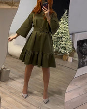 Casual A-lijn jurk met vetersluiting in de kleur Groen voor dames in stijl ideaal voor de herfst.