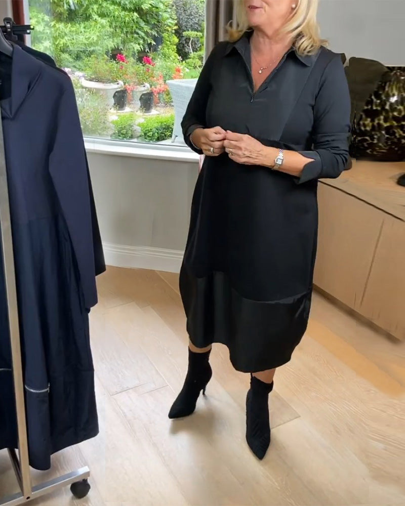 Casual jurk met revers en patchwork in de kleur Zwart voor dames in stijl ideaal voor de herfst.