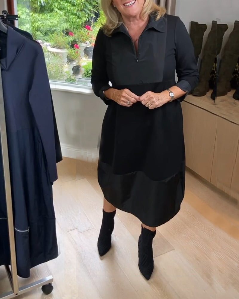 Casual jurk met revers en patchwork in de kleur Zwart voor dames in stijl ideaal voor de herfst.