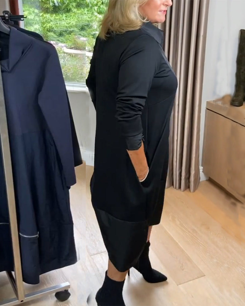 Casual jurk met revers en patchwork in de kleur Zwart voor dames in stijl ideaal voor de herfst.