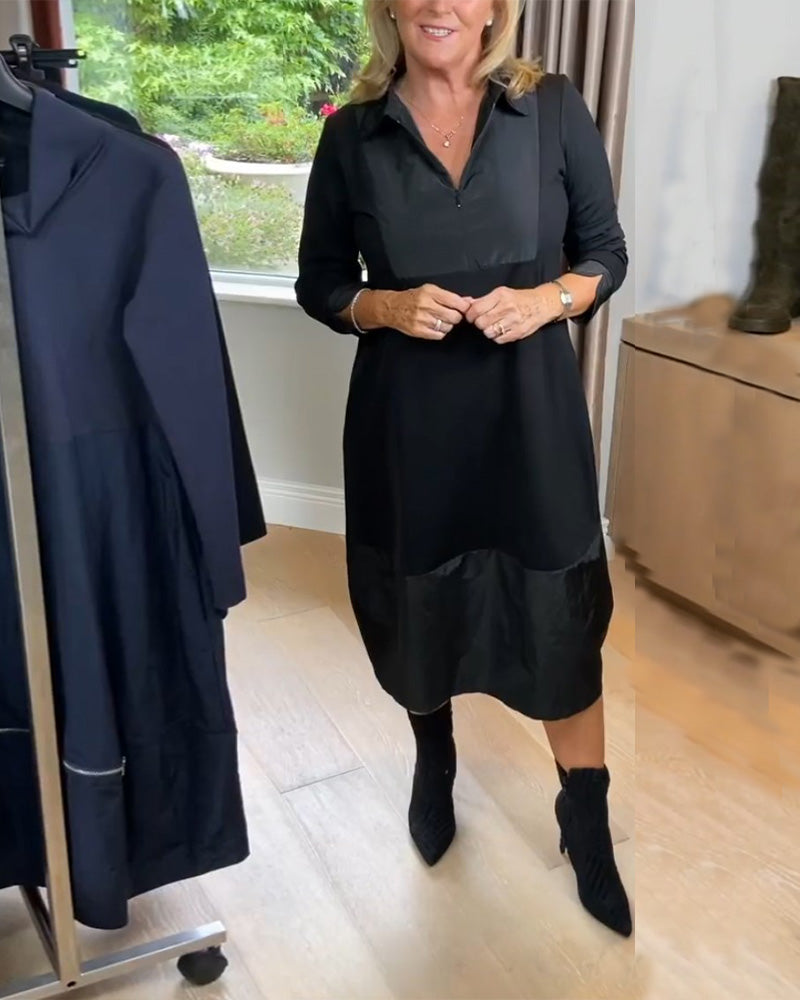 Casual jurk met revers en patchwork in de kleur Zwart voor dames in stijl ideaal voor de herfst.
