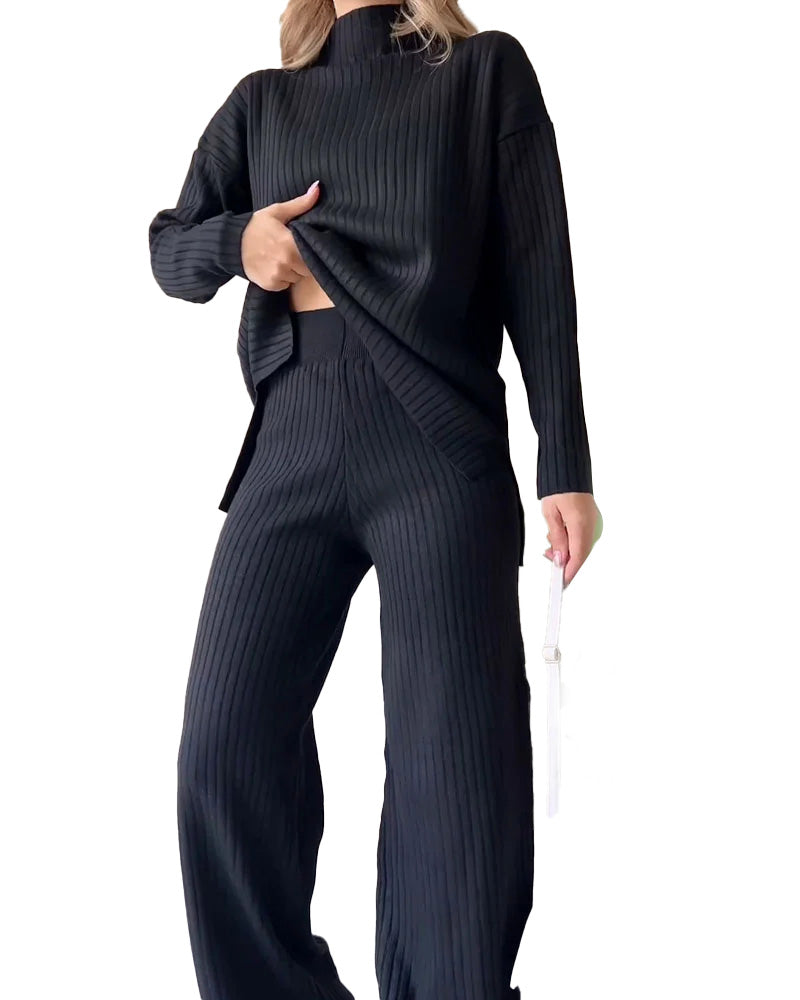 Casual Set | Coltrui en bijpassende broek in de kleur Zwart voor dames in stijl ideaal voor de herfst.