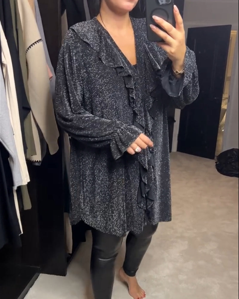 Casual top met glitters en V-hals in de kleur Zwart voor dames in Party stijl ideaal voor de herfst.