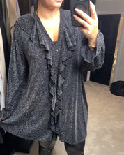 Casual top met glitters en V-hals in de kleur Zwart voor dames in Party stijl ideaal voor de herfst.