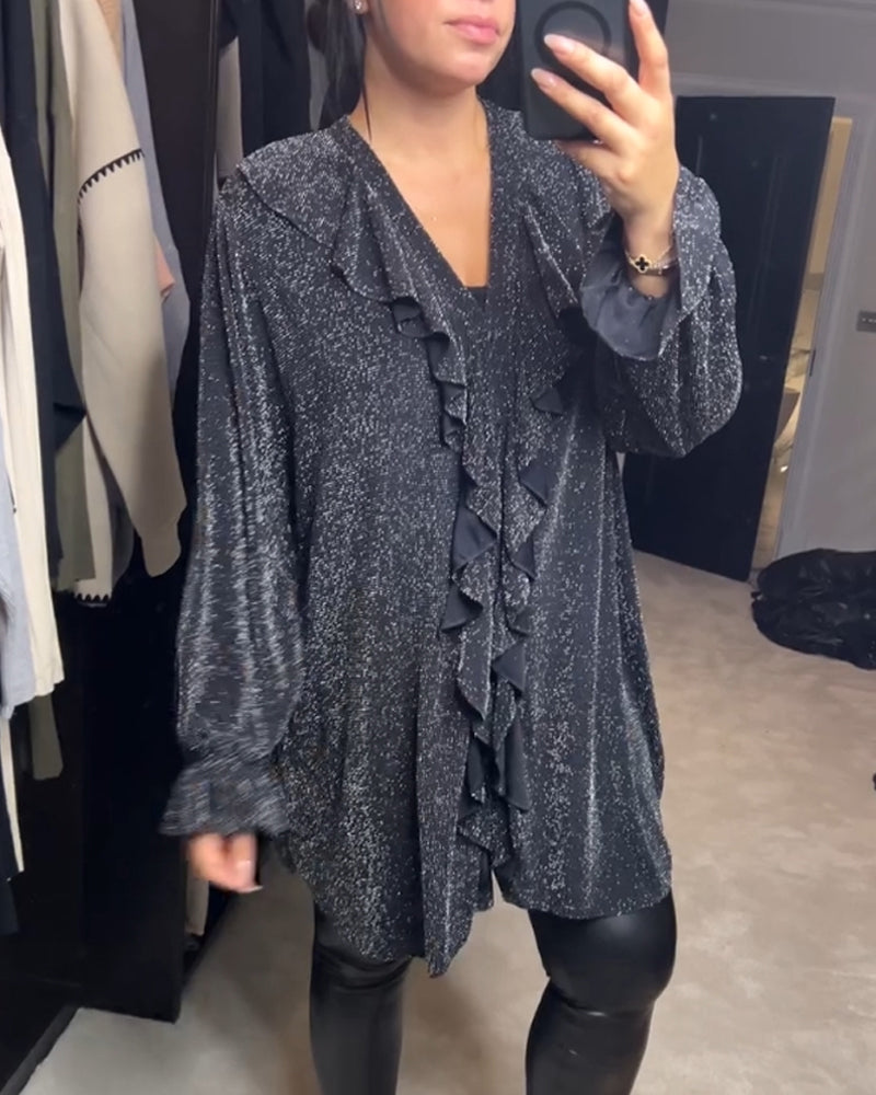 Casual top met glitters en V-hals in de kleur Zwart voor dames in Party stijl ideaal voor de herfst.