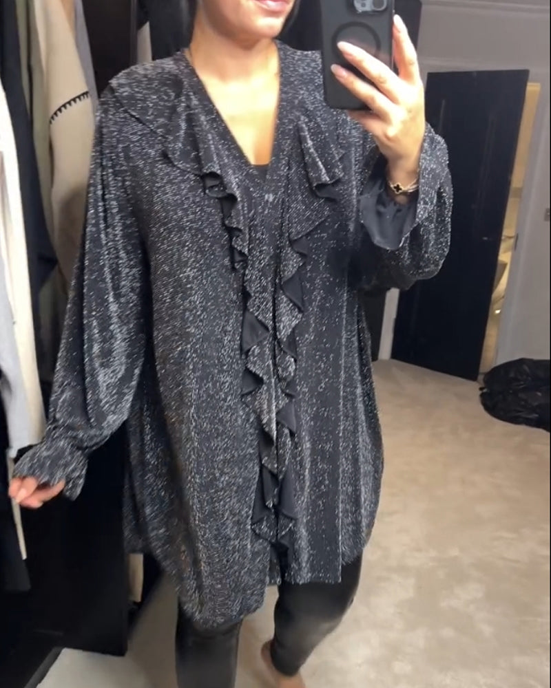 Casual top met glitters en V-hals in de kleur Zwart voor dames in Party stijl ideaal voor de herfst.