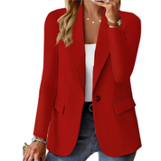 Stijlvolle damesblazer, perfect voor een veelzijdige en trendy look. Deze casual blazer met een effen design en lange mouwen is een must-have item voor elke vrouw. Geniet van een elegante uitstraling, comfortabele pasvorm en een handige zak met gesp voor een modieuze touch.