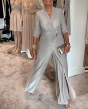 Chloe | Elegante geplooide effen jumpsuit in de kleur Zilver voor dames in Party stijl ideaal voor de herfst.