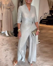 Chloe | Elegante geplooide effen jumpsuit in de kleur Zilver voor dames in Party stijl ideaal voor de herfst.