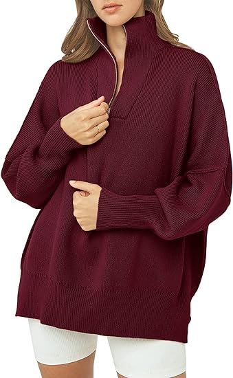 Coltrui met rits, V-hals en lange mouwen in de kleur Bordeaux voor dames in stijl ideaal voor de herfst.