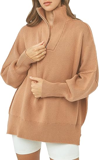 Coltrui met rits, V-hals en lange mouwen in de kleur Khaki voor dames in stijl ideaal voor de herfst.