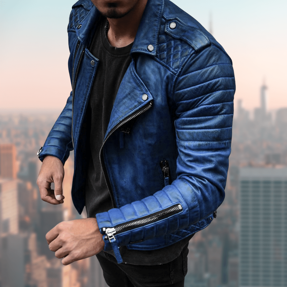 Darrel | Trendy biker jas met zakken en ritsen in de kleur Blauw voor heren in stijl ideaal voor de herfst.