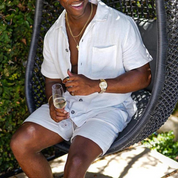 Darrel | Zomerse linnen tweedelige set in de kleur Roze voor heren in Beach stijl ideaal voor de zomer.