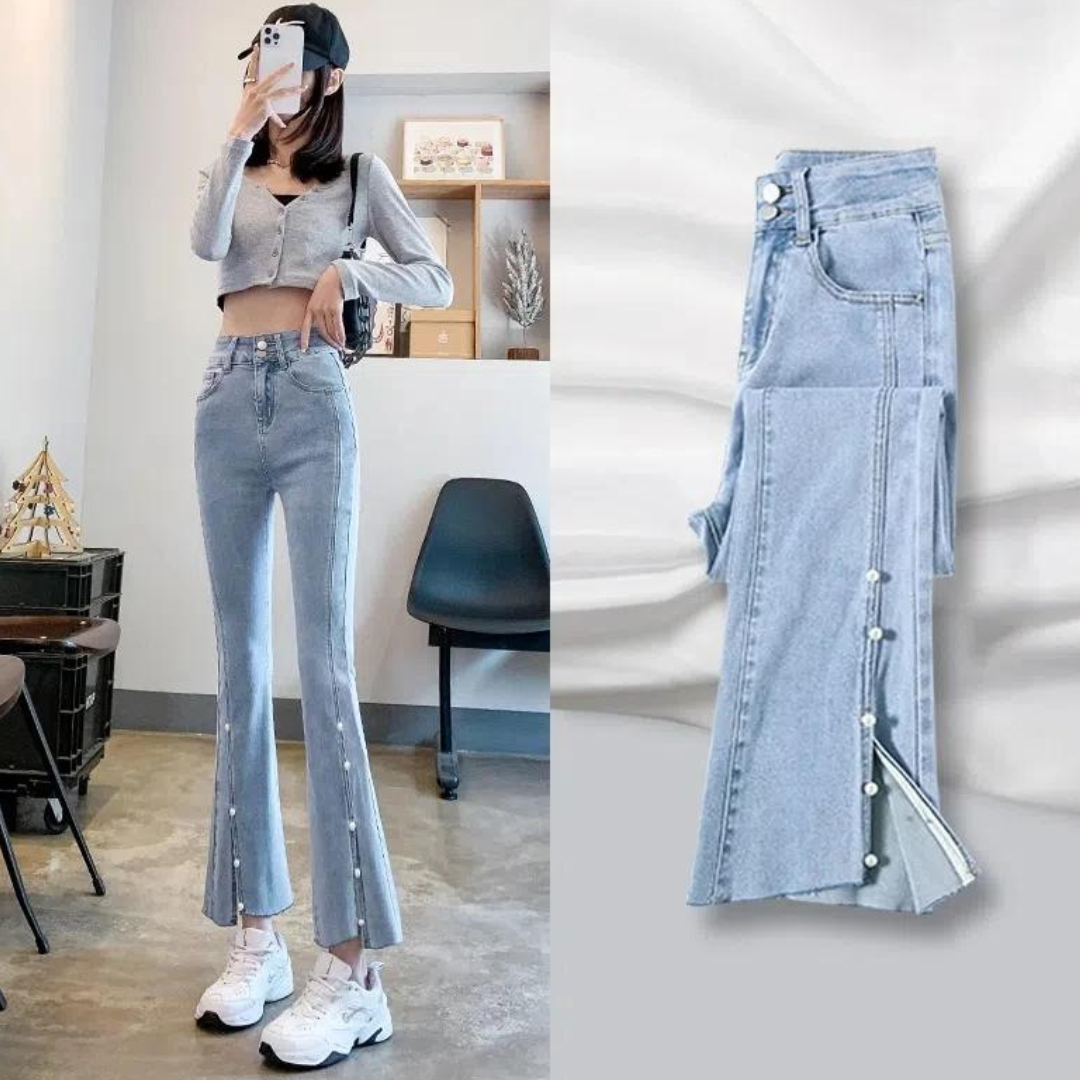 Delinda | Spijkerbroek met parelpatroon in de kleur Blauw voor dames in stijl ideaal voor de lente.