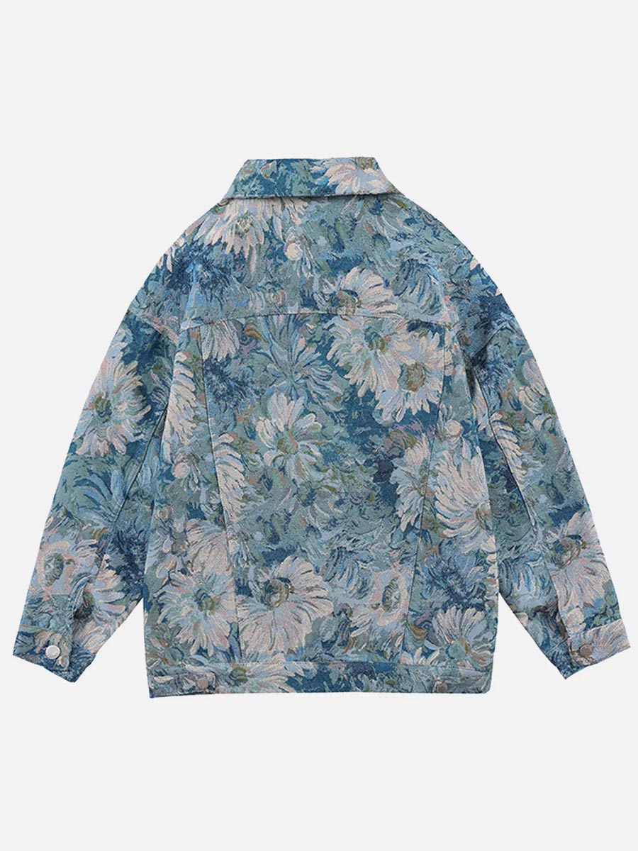 Eefje | Bloemen Denim Jas in de kleur Blauw voor dames in Heritage stijl ideaal voor de herfst.