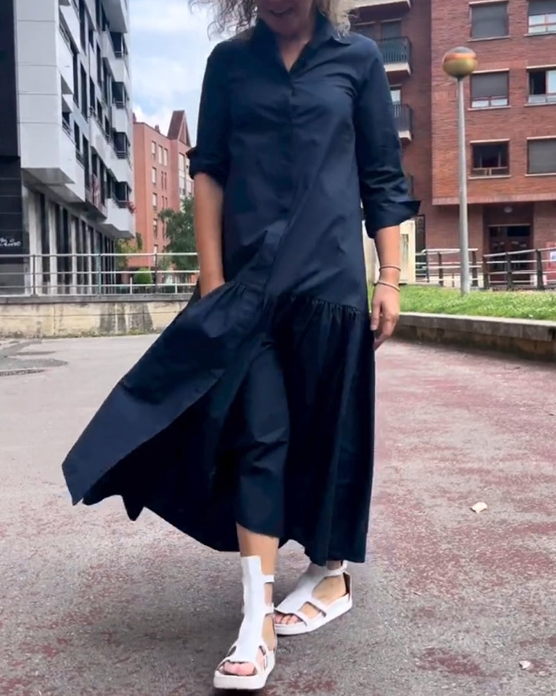 Effen kleuren casual jurk met lange mouwen in de kleur Marineblauw voor dames in stijl ideaal voor de herfst.