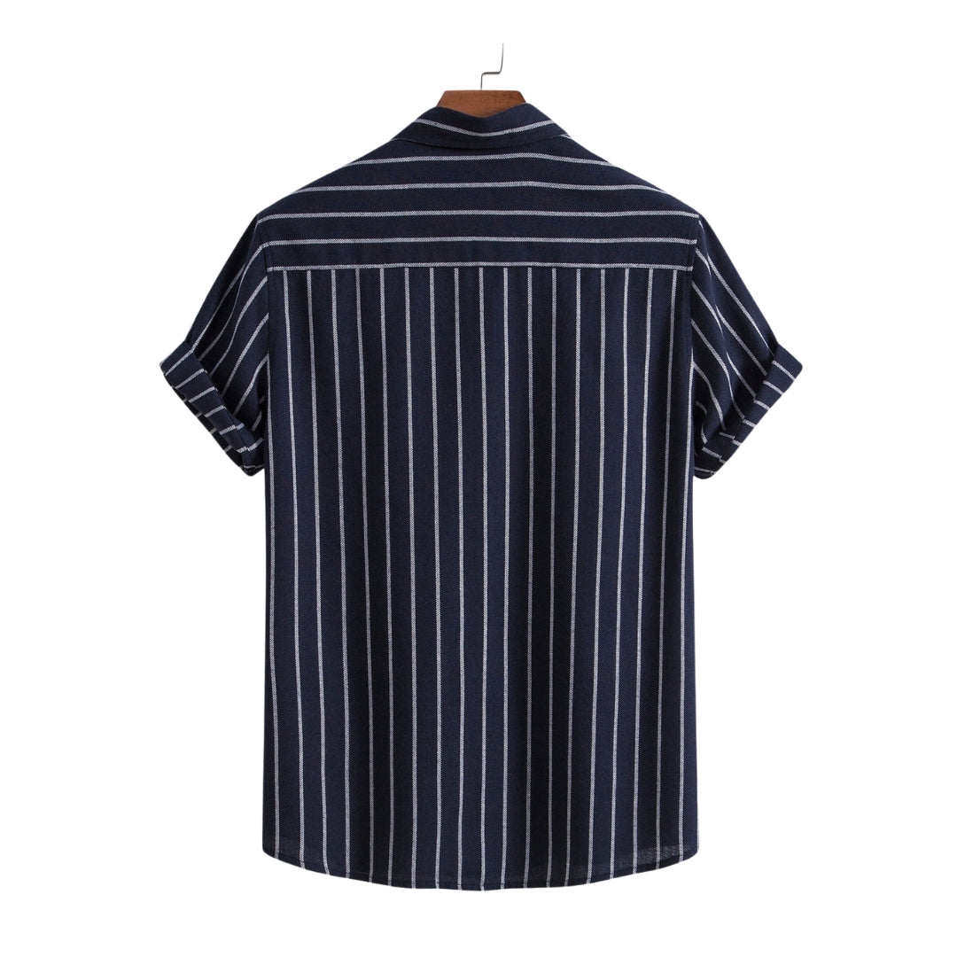 Elias | Gestreept katoenen overhemd & linnen broek met rechte pijpen in de kleur Marineblauw voor heren in Beach stijl ideaal voor de zomer.