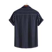 Elias | Gestreept katoenen overhemd & linnen broek met rechte pijpen in de kleur Marineblauw voor heren in Beach stijl ideaal voor de zomer.