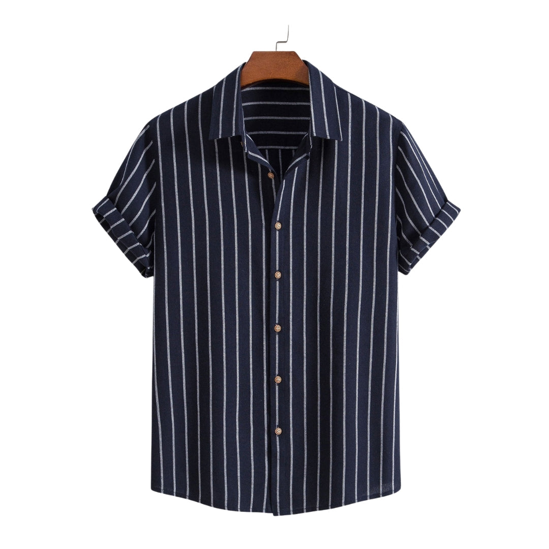 Elias | Gestreept katoenen overhemd & linnen broek met rechte pijpen in de kleur Marineblauw voor heren in Beach stijl ideaal voor de zomer.