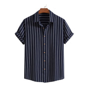 Elias | Gestreept katoenen overhemd & linnen broek met rechte pijpen in de kleur Marineblauw voor heren in Beach stijl ideaal voor de zomer.