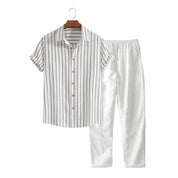 Elias | Gestreept katoenen overhemd & linnen broek met rechte pijpen in de kleur Wit voor heren in Beach stijl ideaal voor de zomer.