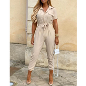 Elin | Jumpsuit met ceintuur en korte mouw in de kleur Zwart voor dames in Party stijl ideaal voor de zomer.