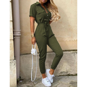 Elin | Jumpsuit met ceintuur en korte mouw in de kleur Groen voor dames in Party stijl ideaal voor de zomer.
