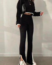 Eline | Randversierde jas & casual broek set in de kleur Zwart voor dames in Smart-casual stijl ideaal voor de winter