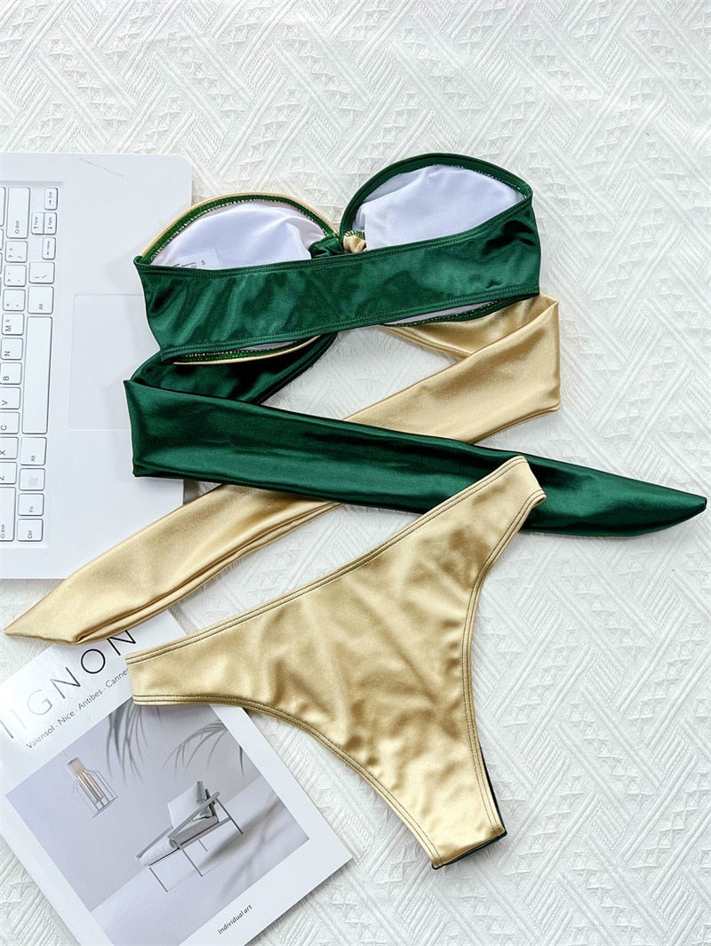 Emma | Stijlvolle & chique bikini in de kleur Beige/Groen voor dames in Beach stijl ideaal voor de zomer.